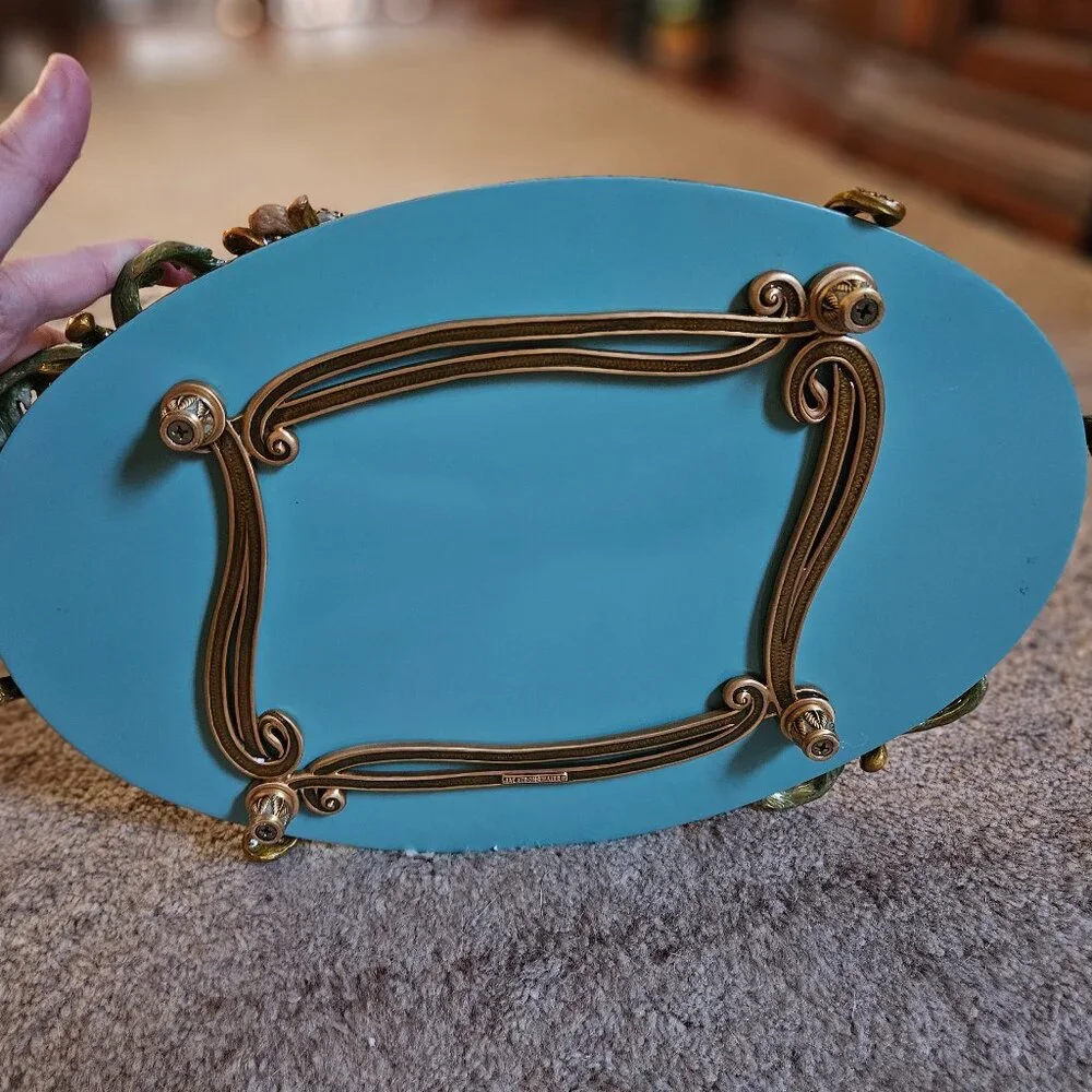 RARE JAY STRONGWATER FLORA & FAUNA CRYSTAL ENAMEL MIRROR VANITY BATH TRAY OBJET
